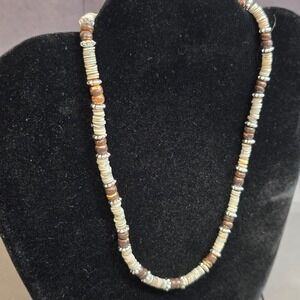 Puka Style Shell Necklace 15" Brown Cream Wood Bead Heishi Surfer Boho Style